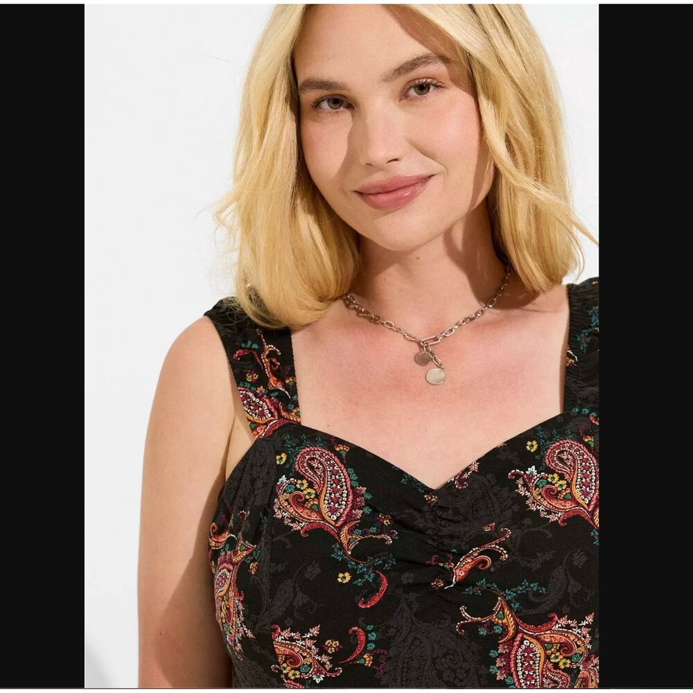 Torrid Challis Smocked Top 1X 14 16 Black Paisley Floral Sweetheart Boho Crop - Picture 5 of 12